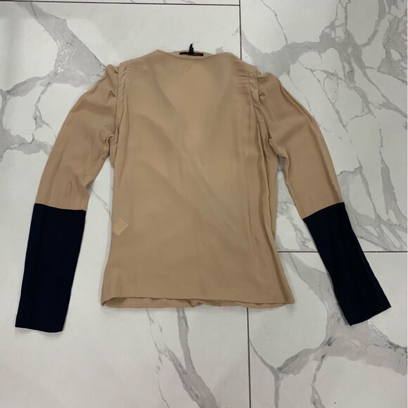 Maje Blouse Wrap Front Cuffed Women 1 Small Beige/Black Deep V-Neck Silk Pleated - Picture 2 of 11